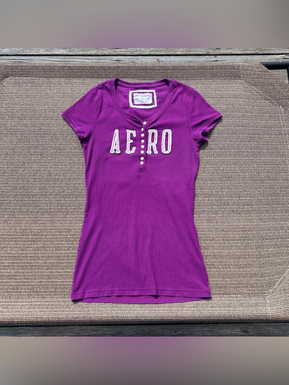 Aeropostale Purple Ribbed Henley AERO Graphic Top Large